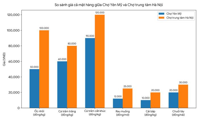 Giá nhiều mặt hàng ở chợ Yên Mỹ thấp hơn nhiều so với ở chợ khu vực trung tâm Hà Nội. (Đồ họa: Phạm Duy)