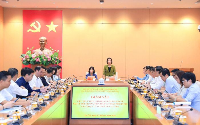 Phó Chủ tịch HĐND thành phố Phạm Thị Thanh Mai dự và chủ trì buổi giám sát của Ban Khoa học, Công nghệ và Môi trường HĐND thành phố về chuyên đề thực hiện chính sách pháp luật về bảo vệ môi trường. Ảnh: Lê Hải