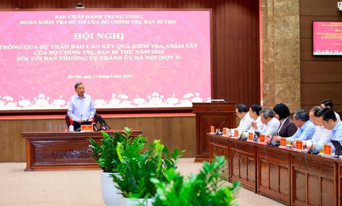 Tổng Bí thư, Chủ tịch nước Tô Lâm, Trưởng đoàn Kiểm tra, giám sát số 218 chủ trì hội nghị thông qua dự thảo báo cáo kết quả kiểm tra, giám sát của Bộ Chính trị, Ban Bí thư năm 2026 đối với Ban Thường vụ Thành ủy Hà Nội. Ảnh Quang Thái