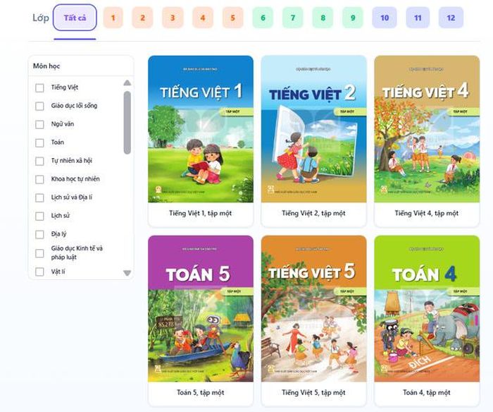 Sau đó, tìm kiếm SGK theo khối lớp, môn học hoặc tên sách.