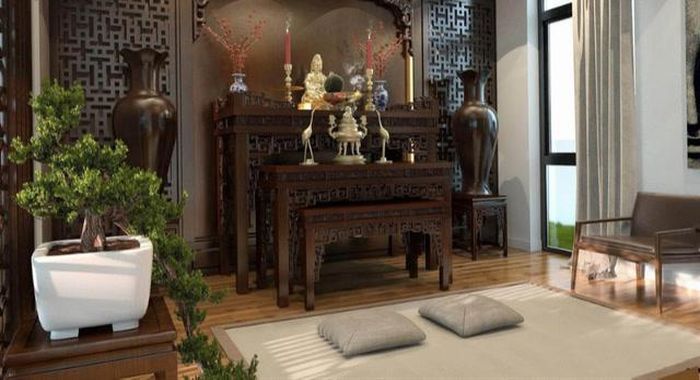 Khi sắp xếp khu vực xung quanh bàn thờ, hãy luôn giữ cho không gian thoáng đãng, sạch sẽ và trang nghiêm.