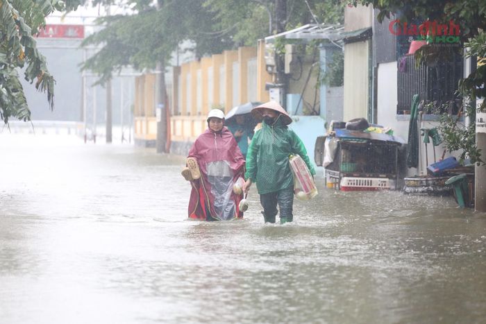 Nhiều người bất chấp nguy hiểm, lội dòng nước ngập ngang hông hàng trăm mét ra khu vực đầu xóm gom từng thùng mì tôm, thực phẩm khô mang về tích trữ đề phòng nước tiếp tục dâng cao.