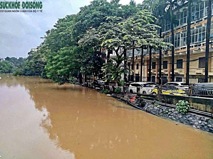 Tại sông Nhuệ, mực nước cũng ở mức cao. Ghi nhận thực tế cho thấy nước sông dâng sát khu vực bờ tại một số đoạn.