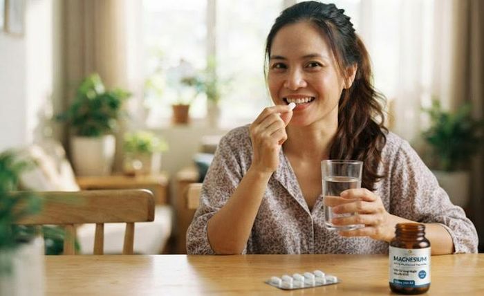 Đối với người dễ bị buồn nôn, đau bụng hoặc tiêu chảy khi bổ sung magie, dùng sản phẩm cùng bữa ăn hoặc bữa nhẹ có thể là lựa chọn phù hợp hơn so với uống khi bụng đói. Ảnh AI.