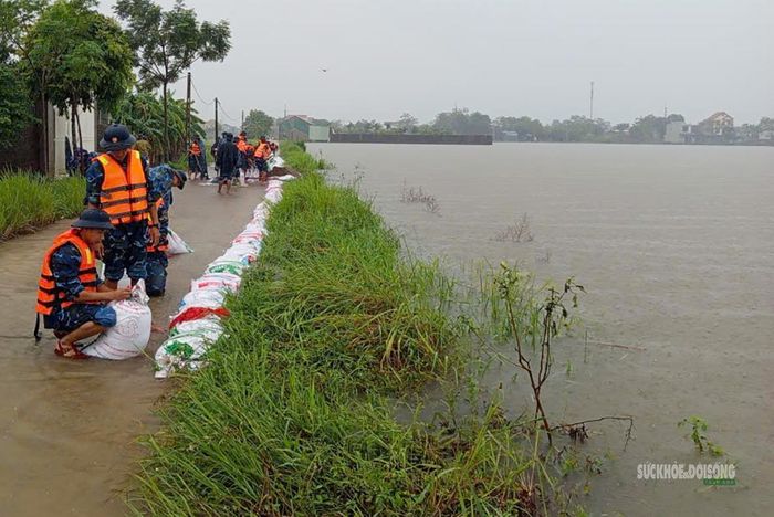 Hàng chục cán bộ, chiến sĩ cùng tham gia đóng và vận chuyển bao cát. Ảnh: H. Thuần