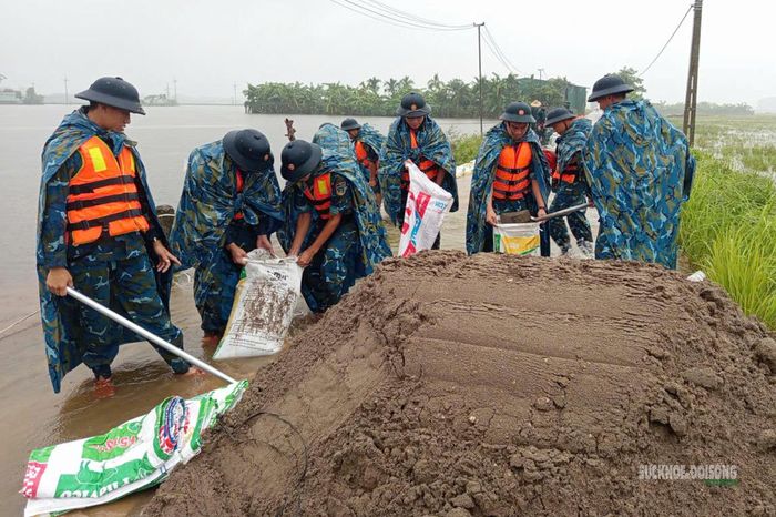Cán bộ, chiến sĩ xúc cát, đóng bao để gia cố tuyến đê. Ảnh: H. Thuần