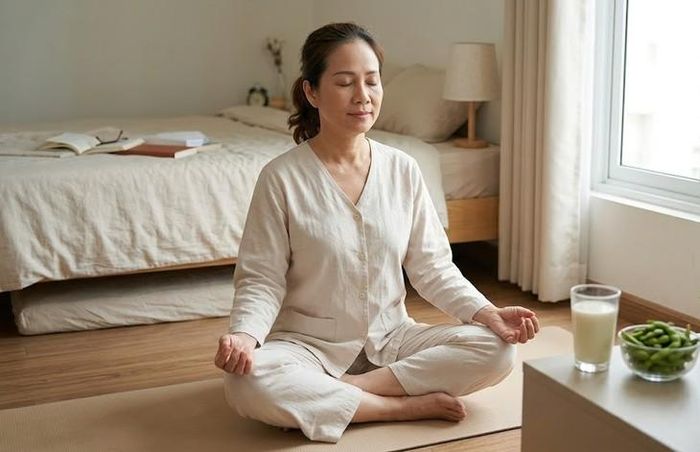 Thiền - một biện pháp giúp cải thiện giấc ngủ, hỗ trợ giảm cơn bốc hỏa. Ảnh minh họa AI.