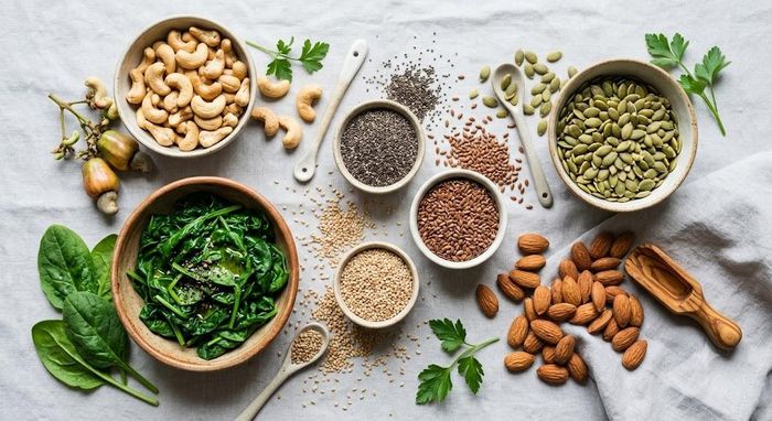 Có thể bổ sung đủ magie bằng cách điều chỉnh chế độ ăn uống hằng ngày, ưu tiên những thực phẩm giàu magie. Ảnh minh họa AI