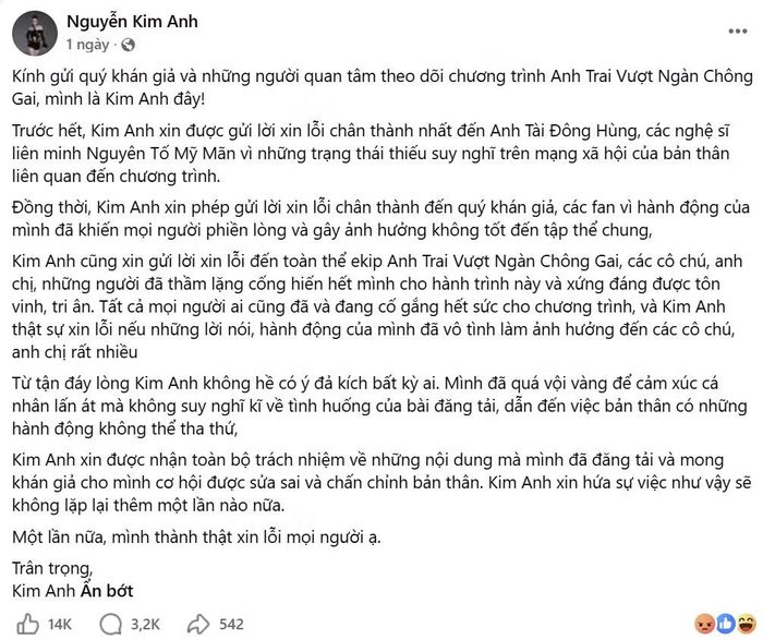 Bài đăng xin lỗi của vũ công Kim Anh ngày 16/9.