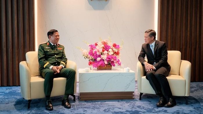 Thượng tướng Nguyễn Trường Thắng chào xã giao Bộ trưởng Quốc phòng Singapore Chan Chun Sing. Ảnh: Bộ Quốc phòng