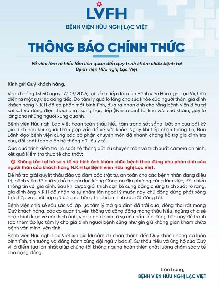 Bệnh viện Hữu nghị Lạc Việt phát đi thông báo về vụ việc.