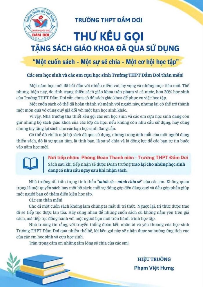 Thư kêu gọi tặng sách của Hiệu trưởng Trường THPT Đầm Dơi.