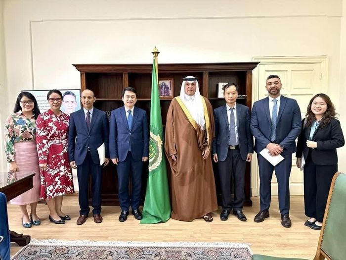 Thứ trưởng Ngoại giao Lê Anh Tuấn cùng đoàn công tác làm việc với Liên đoàn Arab. (Ảnh: Chu An)