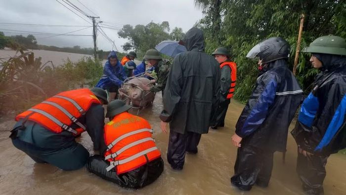 Dầm mình trong nước, cán bộ, chiến sĩ Bộ đội Biên phòng tỉnh Thanh Hóa hỗ trợ người dân di chuyển tài sản, vật nuôi đến nơi an toàn (ảnh: BĐBP Thanh Hóa).