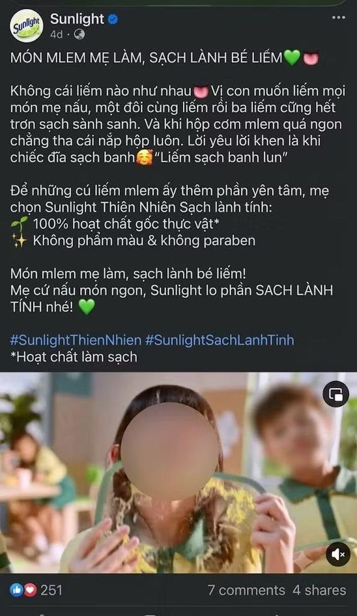 Hình ảnh chụp từ màn hình thông tin quảng cáo nước rửa chén của Sunlight.