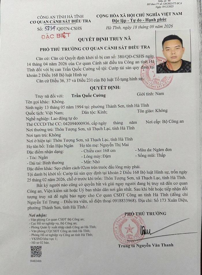 Quyết định truy nã đặc biệt đối với bị can Trần Quốc Cường về tội “Cướp tài sản”. (Ảnh CAHT)