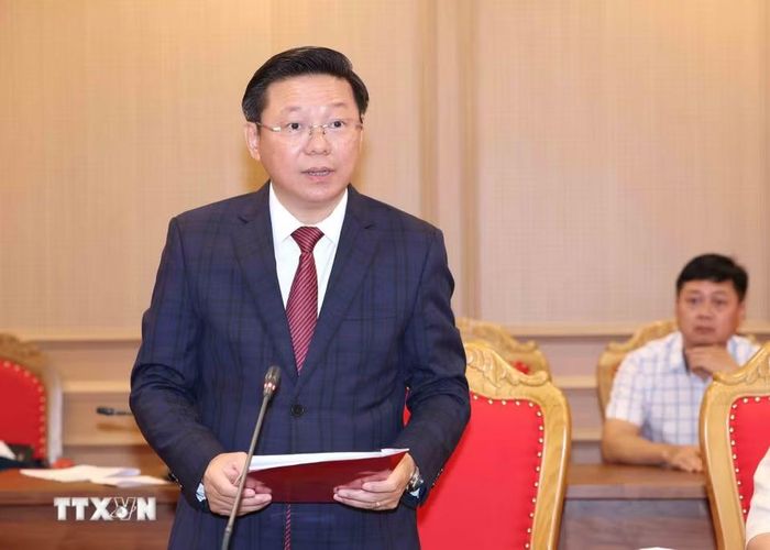 Đồng chí Trần Thanh Lâm, Ủy viên Trung ương Đảng, Phó Trưởng Ban Thường trực Ban Tuyên giáo Trung ương, Bí thư Đảng ủy cơ quan Ban Tuyên giáo Trung ương nhiệm kỳ 2025-2030 phát biểu nhận nhiệm vụ. (Ảnh: Phương Hoa/TTXVN)