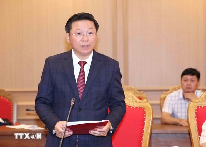 Đồng chí Trần Thanh Lâm, Ủy viên Trung ương Đảng, Phó Trưởng Ban Thường trực Ban Tuyên giáo Trung ương, Bí thư Đảng ủy cơ quan Ban Tuyên giáo Trung ương nhiệm kỳ 2025-2030 phát biểu nhận nhiệm vụ. (Ảnh: Phương Hoa/TTXVN)