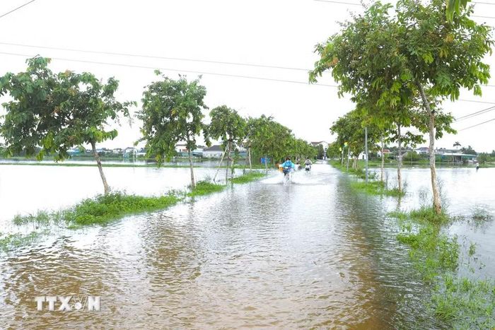 Tuyến đường dân sinh đấu nối các xã Đức Châu, Hải Châu (Nghệ An) với quốc lộ 1A bị ngập trong sáng 18/9/2026. (Ảnh: Xuân Tiến/TTXVN)