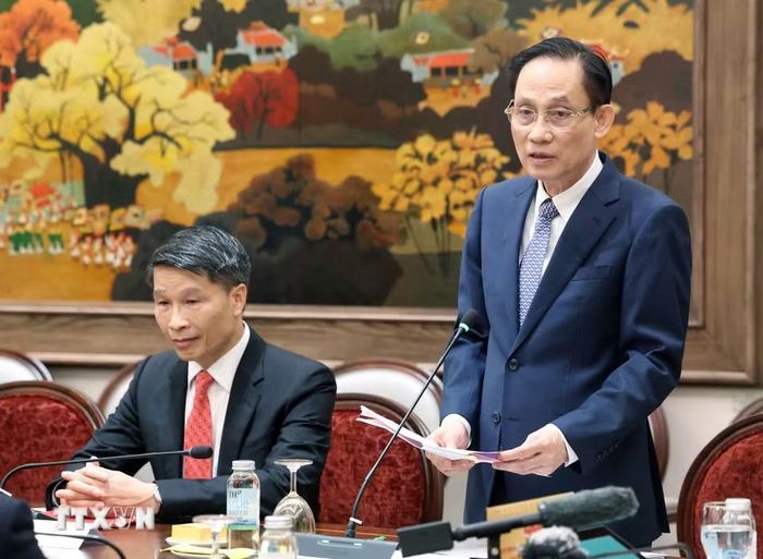 Đồng chí Lê Hoài Trung, Ủy viên Bộ Chính trị, Bộ trưởng Bộ Ngoại giao phát biểu. (Ảnh: Thống Nhất/TTXVN)