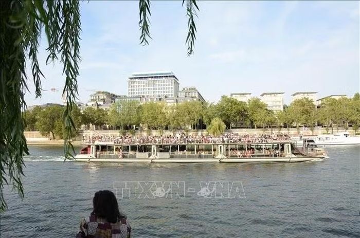 Tàu du lịch trên sông Seine nhìn từ một không gian xanh ven sông.