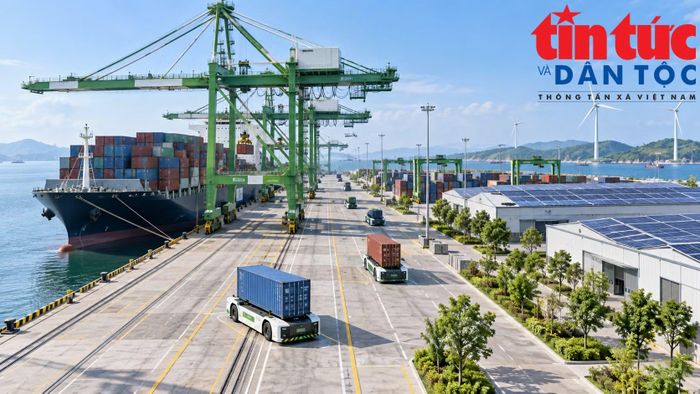 Cảng biển chuyển đổi xanh với xe điện, điện mặt trời và điện gió. Ảnh minh hoạ
