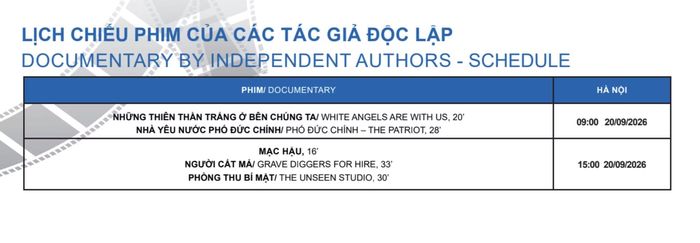Lịch chiếu các bộ phim trong Liên hoan phim.