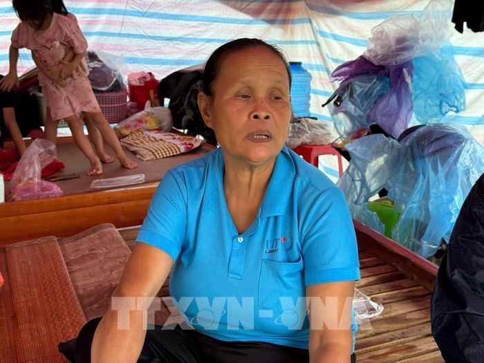 Bà Vũ Thị Chừ, xã Kim Tân, cho biết gia đình bà ở ngoài bãi, cách sông hàng trăm mét, năm nay nước sông lên nhanh quá, nhà cửa ngập hết nên phải di chuyển hết lên đê. Ảnh: Hoa Mai - TTXVN