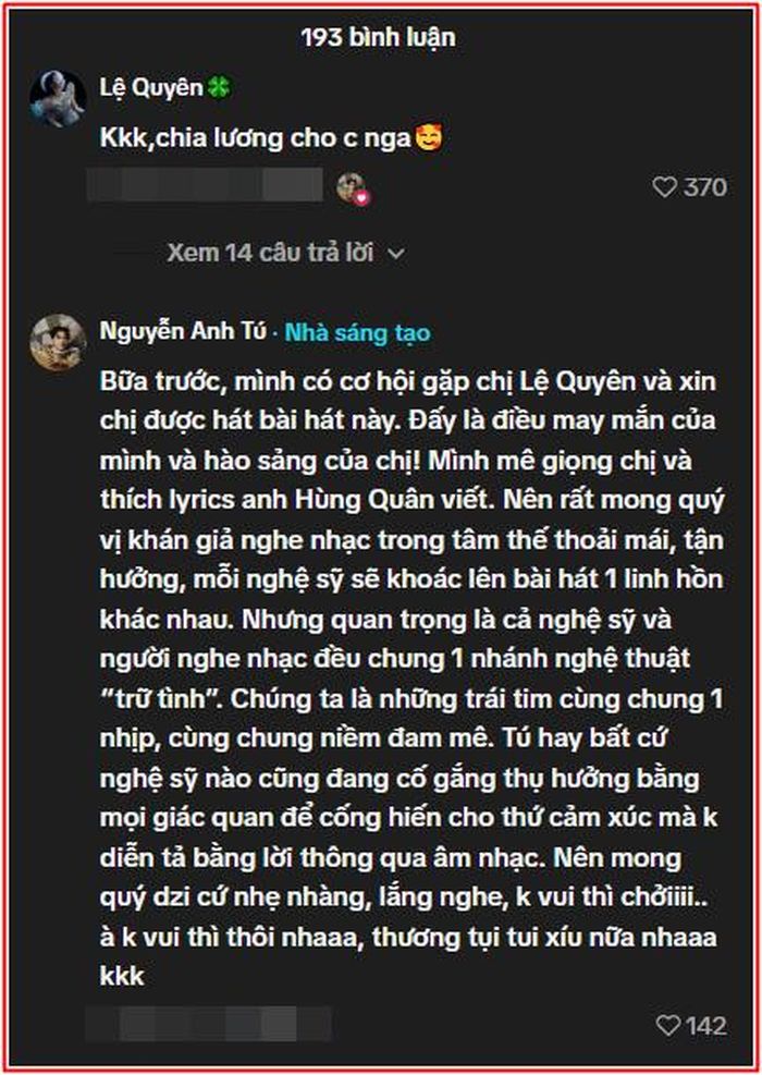 Anh Tú cho biết đã xin phép Lệ Quyên thể hiện ca khúc này trên sân khấu.