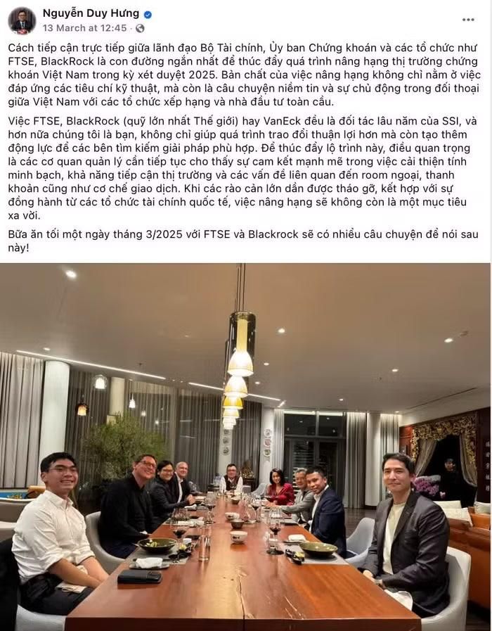 Hình ảnh về buổi gặp với CEO BlackRock Larry Fink được chính Chủ tịch Công ty Chứng khoán SSI Nguyễn Duy Hưng chia sẻ trên mạng xã hội