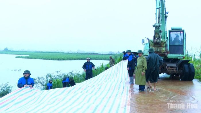 Các lực lượng xã Xuân Tín khắc phục sự cố đê sông Cầu Chày.