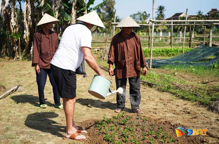 Du khách tham quan trải nghiệm chăm sóc rau hữu cơ tại HTX Rau hữu cơ và Du lịch Thanh Đông (phường Hội An Đông). Ảnh: ĐẮC MẠNH