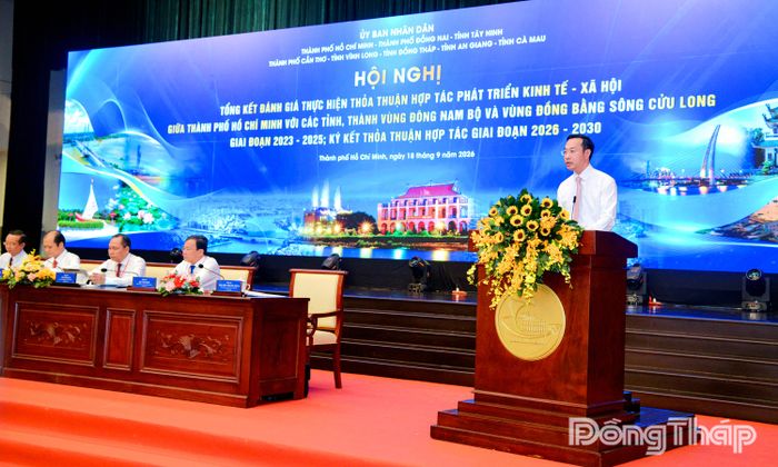 Đồng chí Nguyễn Thanh Nhàn, Phó Bí thư Tỉnh ủy, Chủ tịch UBND tỉnh Đồng Tháp phát biểu tham luận tại hội nghị.