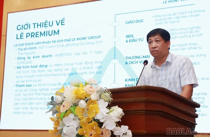 Đại diện Công ty Cổ phần Đầu tư Lê Premium giới thiệu về năng lực và định hướng triển khai Dự án Khu công nghiệp Cam Đường.