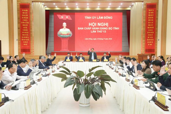 Các đại biểu biểu quyết thông qua các nội dung tại Hội nghị Ban Chấp hành Đảng bộ tỉnh Lâm Đồng lần thứ 13