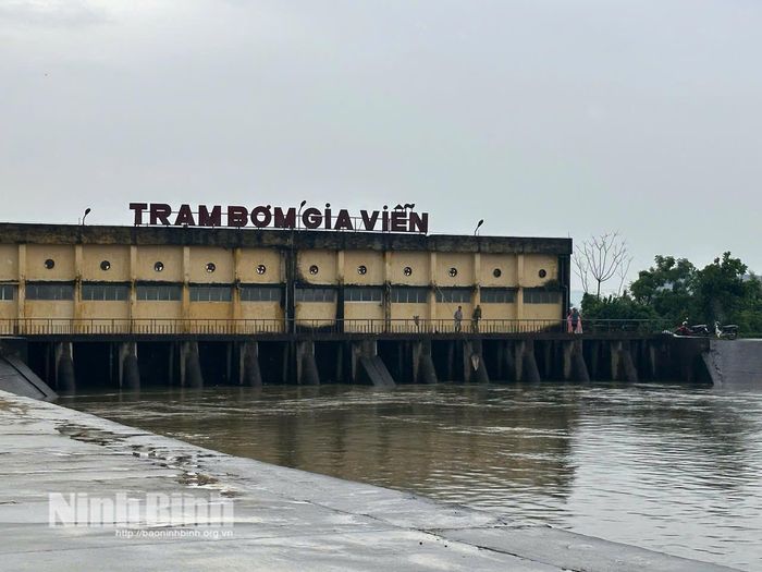 Trạm bơm Gia Viễn vận hành tối đa công suất tiêu thoát nước, bảo vệ sản xuất nông nghiệp. Ảnh: Nguyễn Lựu