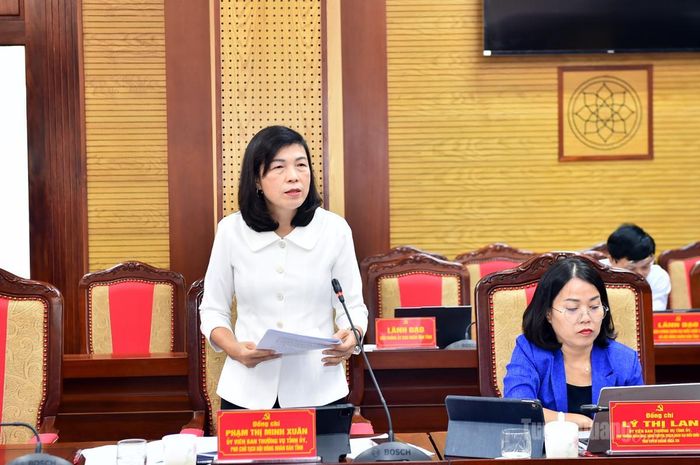 Đồng chí Phó Chủ tịch HĐND tỉnh Phạm Thị Minh Xuân phát biểu tại hội nghị.