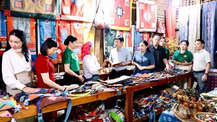 Đoàn công tác tìm hiểu hoạt động sản xuất tại HTX Dệt lanh Lùng Tám.