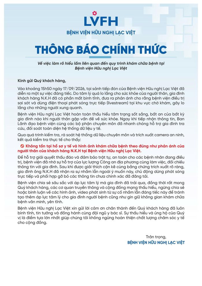 Thông báo chính thức của Bệnh viện Hữu nghị Lạc Việt về sự việc xảy ra chiều 17 tháng 9 năm 2026 tại sảnh tiếp đón của bệnh viện.