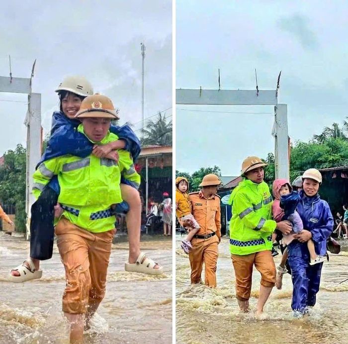 Lực lượng CSGT Công an tỉnh Thanh Hóa giúp dân sơ tán khỏi vùng ngập lụt đến nơi an toàn.
