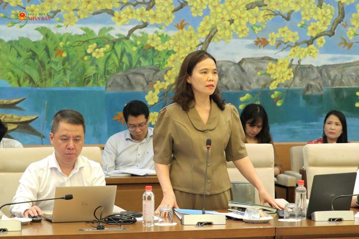 Vụ trưởng Vụ Hành chính Đỗ Thị Thanh báo cáo tại cuộc họp. Ảnh: Hồ Long