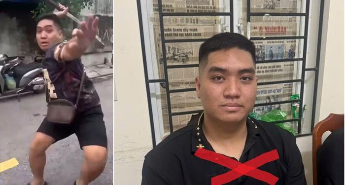 Hình ảnh đối tượng Hoàng Tiến Thịnh lan truyền trên mạng xã hội khi gây án (trái) và sau khi bị bắt (phải).