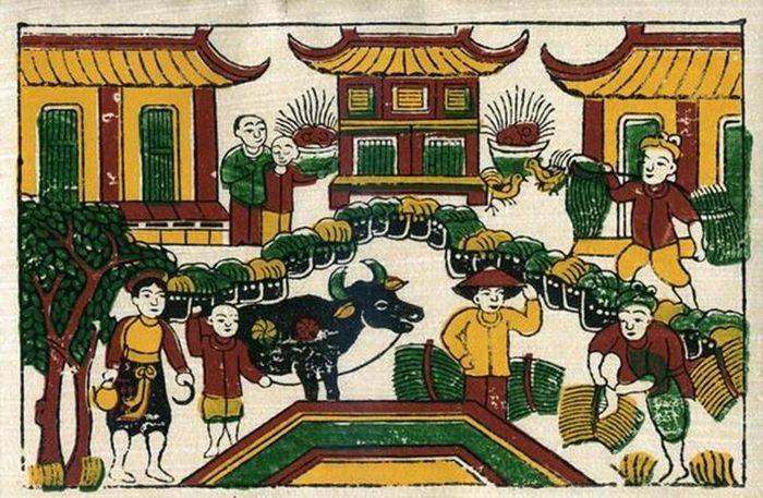 Tranh dân gian Đông Hồ, có cảnh sinh hoạt, lao động hoặc biểu tượng đạo lý. Ảnh tác giả cung cấp. 