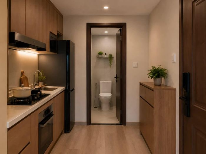 Bố trí cửa nhà vệ sinh ngay cạnh bếp có thể khiến mùi và hơi ẩm ảnh hưởng đến khu vực nấu nướng
