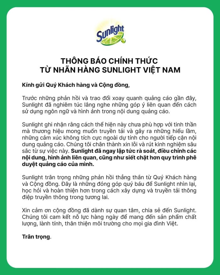 Sunlight gửi lời xin lỗi tới khách hàng và cộng đồng