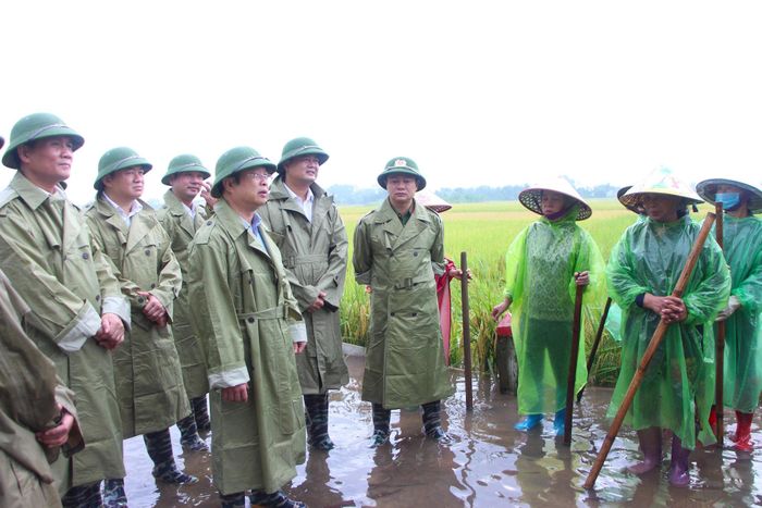 Phó Chủ tịch Thường trực HĐND thành phố Hà Nội Trần Thế Cương thăm hỏi, động viên người dân xã Phúc Lộc đang khơi thông cống, rãnh tại các điểm đấu nối ra hệ thống kênh tiêu nội đồng. Ảnh: MH