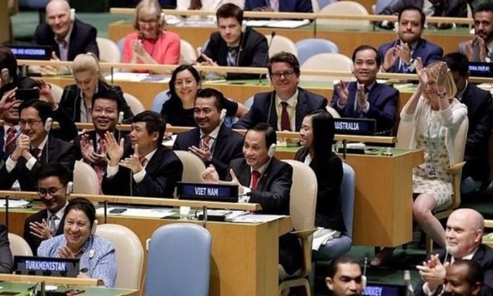Tối 7-6-2019 (giờ Việt Nam), Chủ tịch Đại hội đồng Liên hợp quốc đã công bố Việt Nam chính thức trở thành Ủy viên không thường trực Hội đồng Bảo an Liên hợp quốc nhiệm kỳ 2020-2021. Ảnh: Bộ Ngoại giao