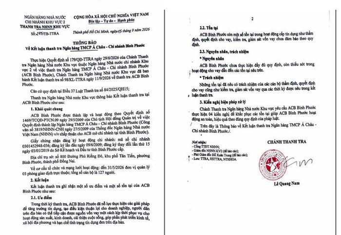 Kết luận thanh tra ACB Bình Phước.