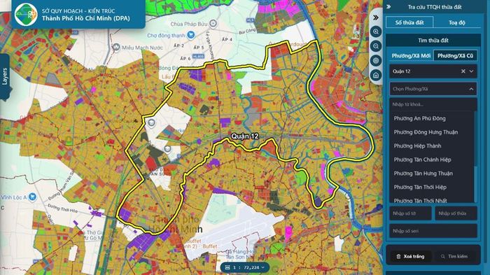 Cổng GIS TP.HCM vẫn hiển thị đầy đủ 11 phường cũ của Quận 12 để tra cứu thửa đất. Ảnh chụp màn hình cổng tra cứu.