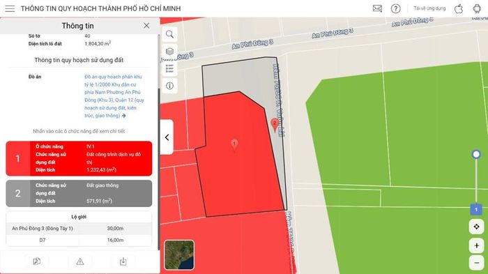 Cổng thứ hai thể hiện 1.232,43m² đất công trình dịch vụ đô thị, 571,91m² đất giao thông và lộ giới 30m, 16m. Ảnh chụp màn hình cổng tra cứu